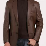 Casual Brown Leather Two Button Blazer