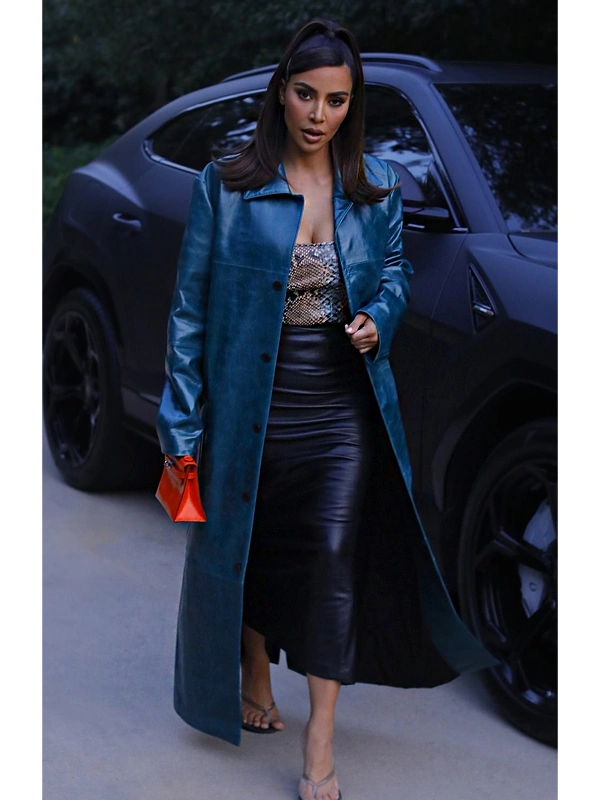 Kim Kardashian Blue Leather Coat Jackets Junction