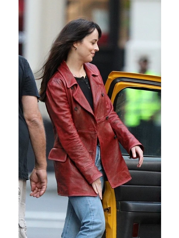 Madame Web Dakota Johnson Maroon Leather Coat