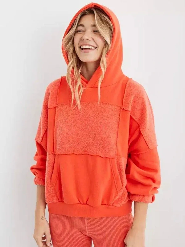 Aerie Sherpa Patchwork Orange Oversized Hoodie