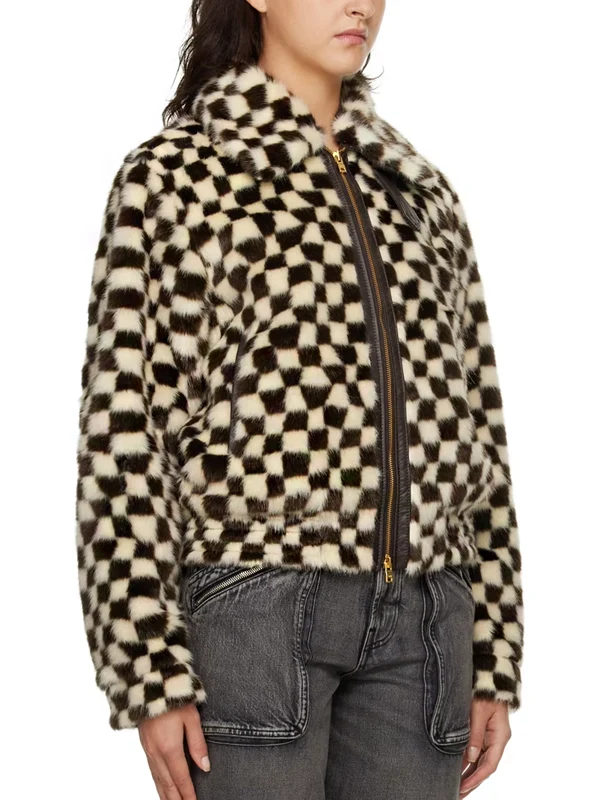 Amiri Checkered Print Faux Fur Jacket