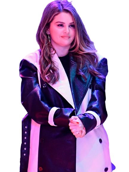 Selena Gomez Black and White Leather Trench Coat