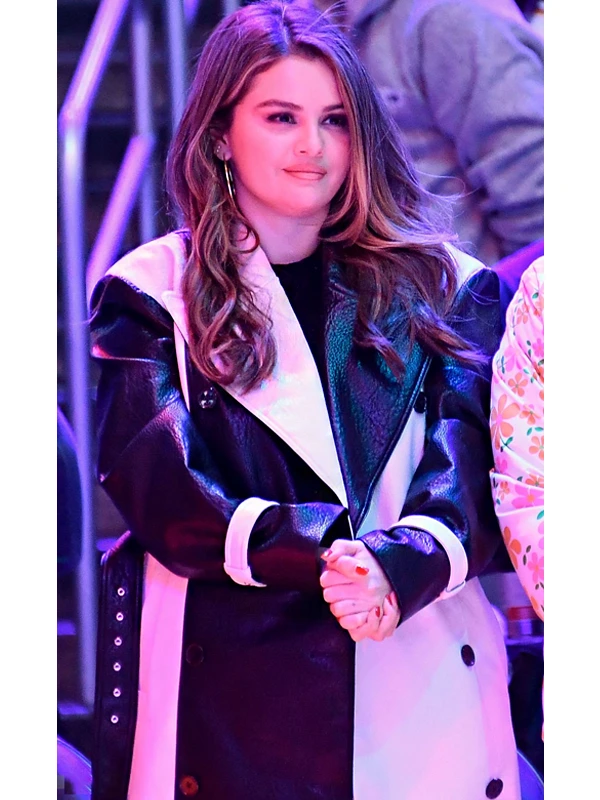 Selena Gomez Cor Block Leather Trench Coat