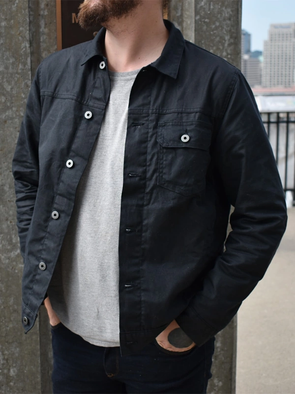 Flint and Tinder Black Flannel-Lined Waxed Trucker Jacket