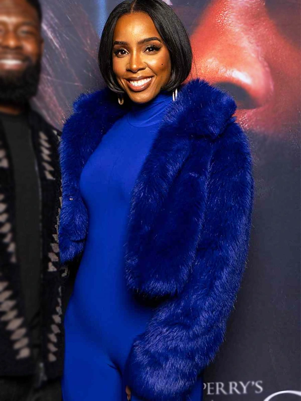 Kelly Rowland Blue Fur Jacket