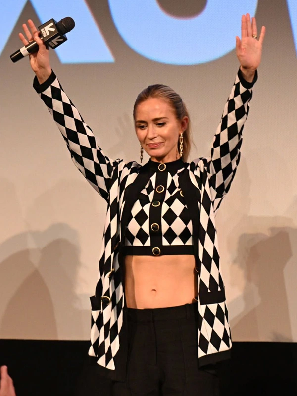 SXSW 2024 Emily Blunt Black & White Diamond Print Knitted Sweater