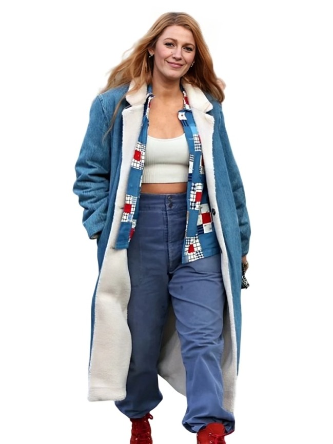 Blake Lively It Ends With Us Denim Shearling Coat