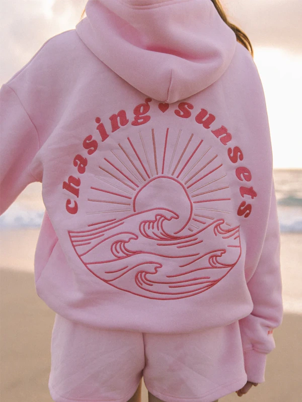 PINK PALM PUFF CHASING SUNSET PULLOVER HOODIE