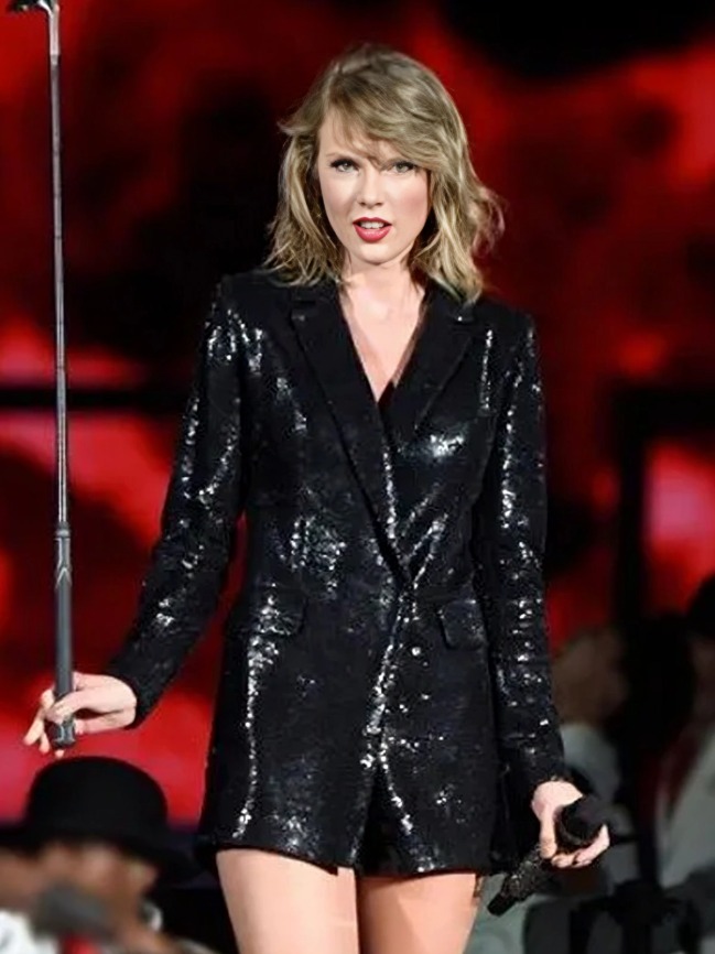 Taylor Swift Sequin Black Leather Blazer Jacket