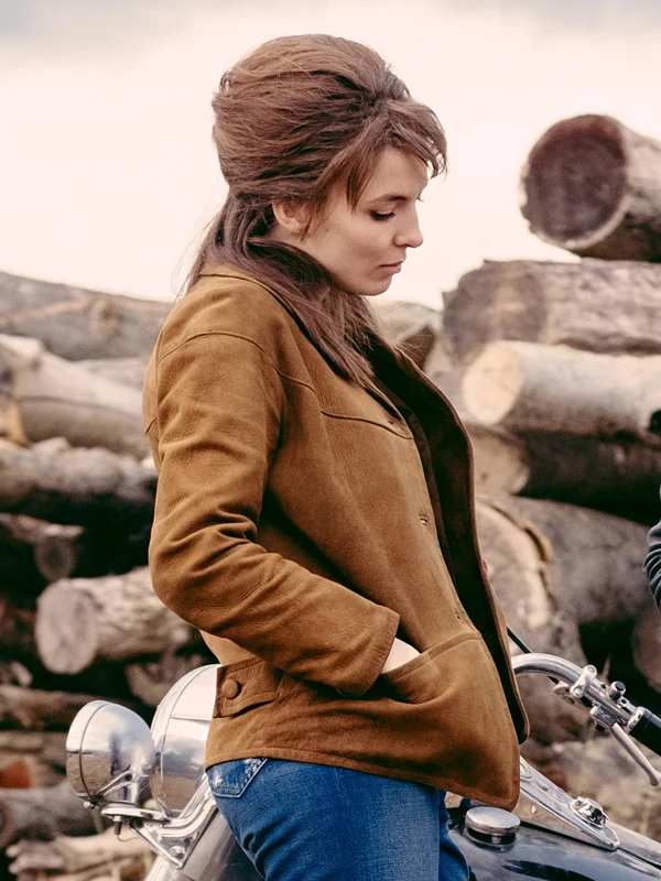 Jodie Comer The Bikeriders Brown Suede Jacket