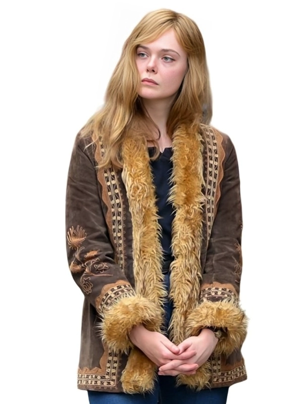 A Complete Unknown Elle Fanning Brown Fur Suede Jacket