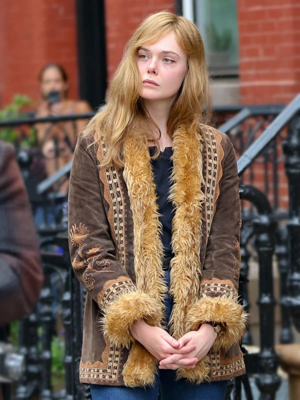 A Complete Unknown Elle Fanning Brown Suede Jacket