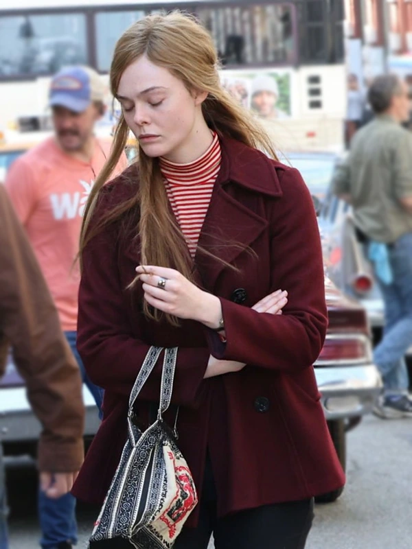 A Complete Unknown Elle Fanning Maroon Coat