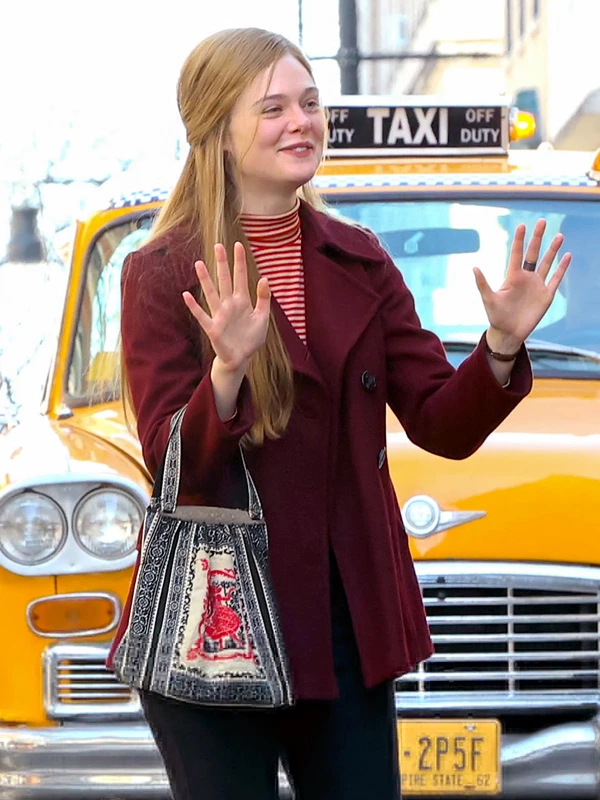 A Complete Unknown Elle Fanning Maroon Double Breasted Coat