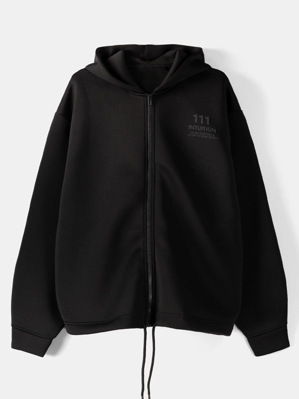 Bershka Zip-Up Slogan Black Hoodie