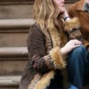 Elle Fanning A Complete Unknown Brown Fur Embroidered Jacket