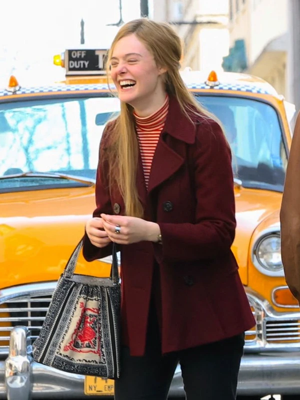 Elle Fanning A Complete Unknown Maroon Double Breasted Coat