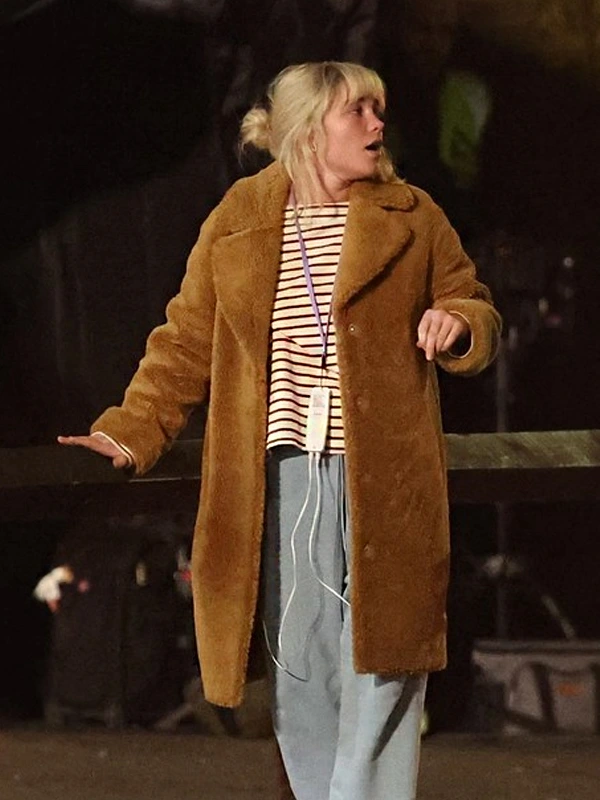 We live in Time Florence Pugh Brown Shearling Coat