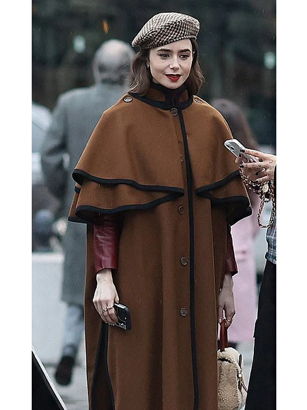 Emily in Paris S04 Lily Collins Brown Cape Coat