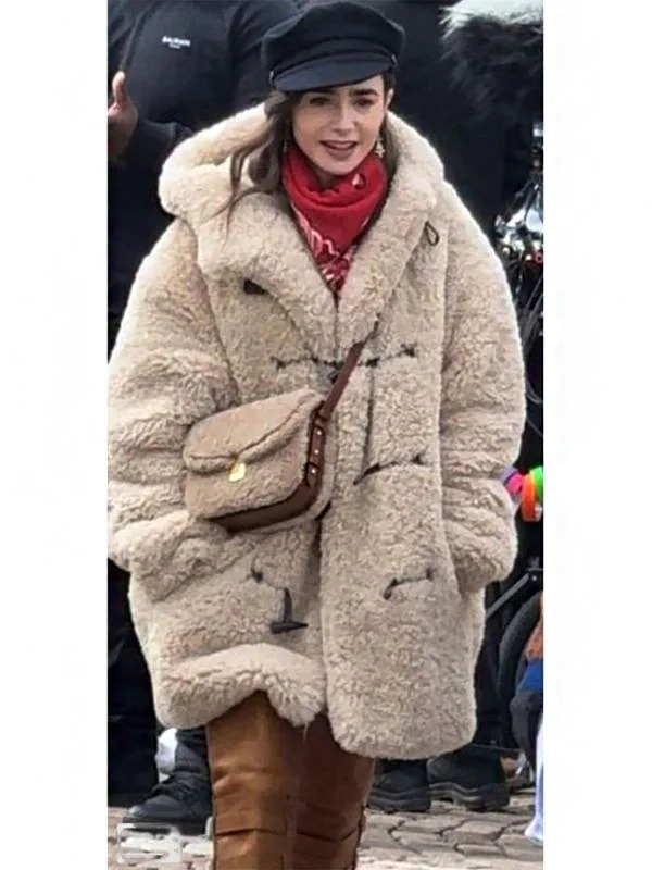 Lily Collins Emily In Paris S04 Beige Hooded Shearling Coat