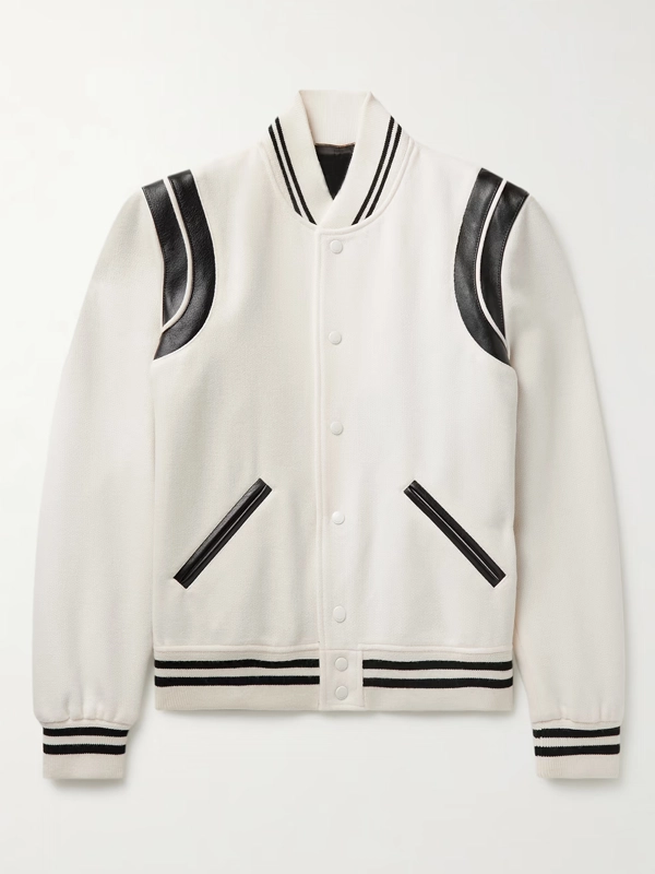 SAINT LAURENT Teddy Leather-Trimmed Virgin Wool-Blend Bomber Jacket