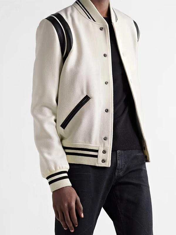 SAINT LAURENT Teddy Leather-Trimmed White Bomber Jacket