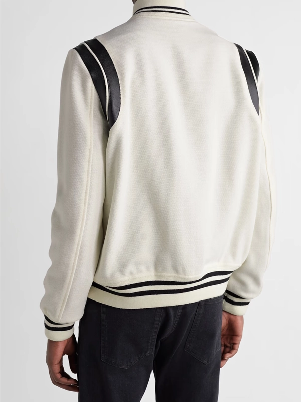 YSL Teddy Leather-Trimmed White Bomber Jacket