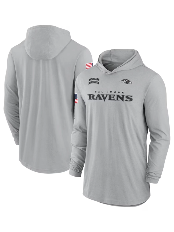 Men s Nike Gray Baltimore Ravens 2024 Salute to Service Lightweight Performance Long Sleeve Hooded T Shirt Size Medium