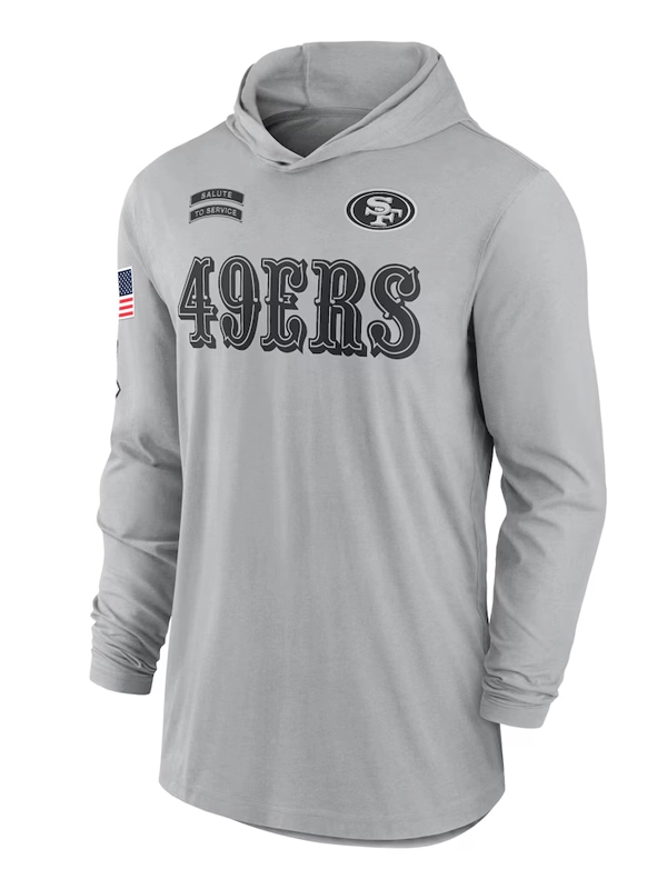 2024 San Francisco 49ers Salute to Service Gray Long Sleeve Hooded T-Shirt