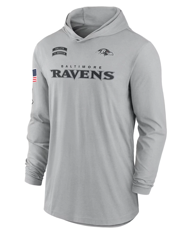 Baltimore Ravens Nike Gray 2024 Salute to Service Lightweight Performance Long Sleeve Hooded T-Shirt