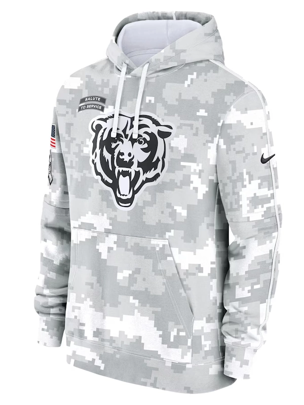 Chicago Bears Nike Arctic Camo 2024 Salute to Service Club Fleece Pullover Hoodie Grey