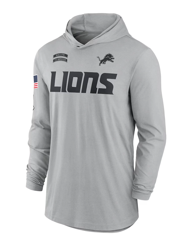 Detroit Lions Nike Gray 2024 Salute to Service Lightweight Performance Long Sleeve Hooded T-Shirt