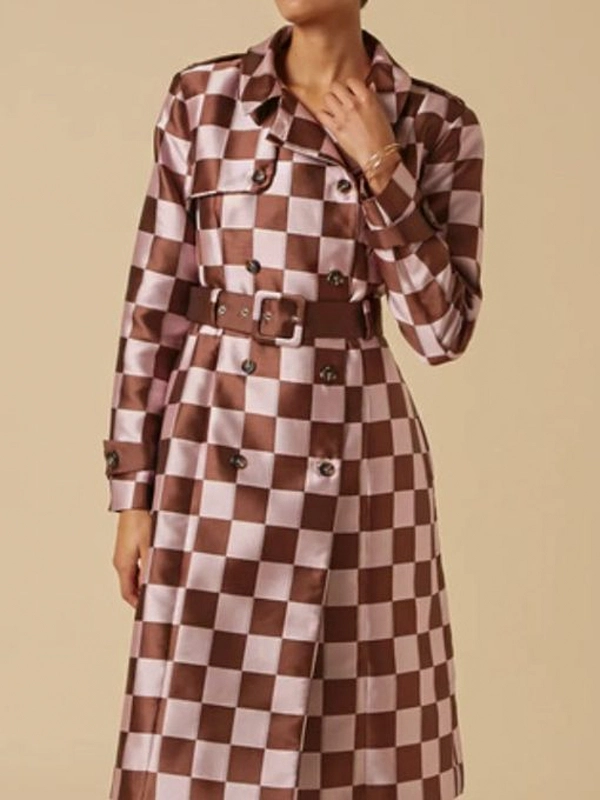 Emily In Paris S04 Lily Collins Pink & Brown Checked Coat