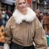 Emily in Paris S04 Camille Razat Beige Suede Fur Jacket