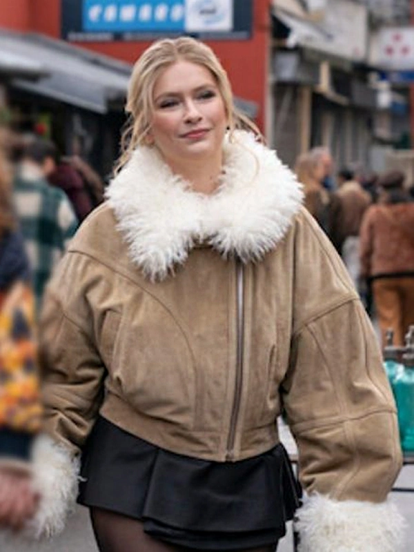 Emily in Paris S04 Camille Razat Beige Suede Fur Jacket