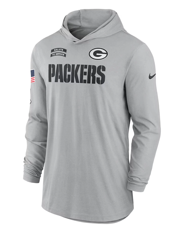 Green Bay Packers Nike Gray 2024 Salute to Service Lightweight Performance Long Sleeve Hooded T-Shirt