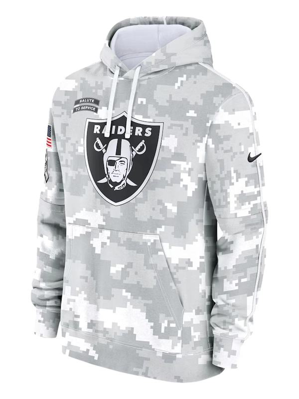 Las Vegas Raiders Nike Arctic Camo 2024 Salute to Service Club Fleece Pullover Hoodie Grey