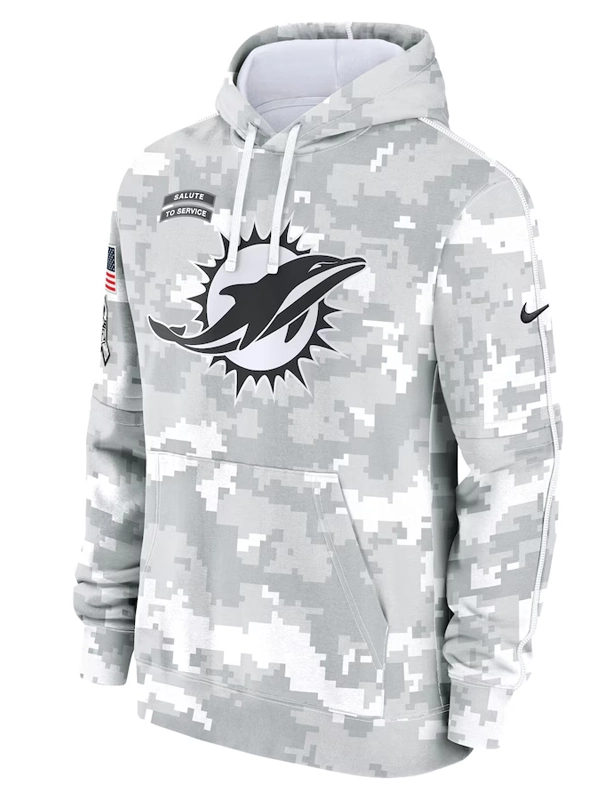 Miami Dolphins Nike Arctic Camo 2024 Salute to Service Club Fleece Pullover Hoodie Grey