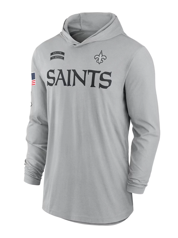 New Orleans Saints Nike Gray 2024 Salute to Service Lightweight Performance Long Sleeve Hooded T-Shirt