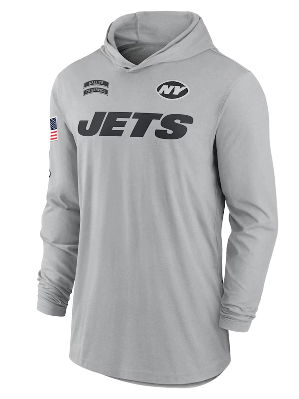 New York Jets Nike Gray 2024 Salute to Service Lightweight Performance Long Sleeve Hooded T-Shirt