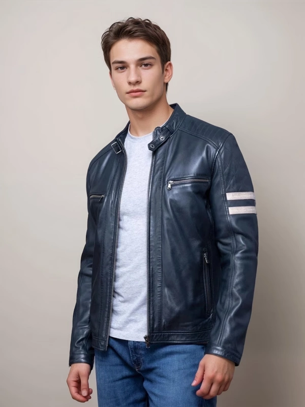 Pure navy leather moto jacket best sale