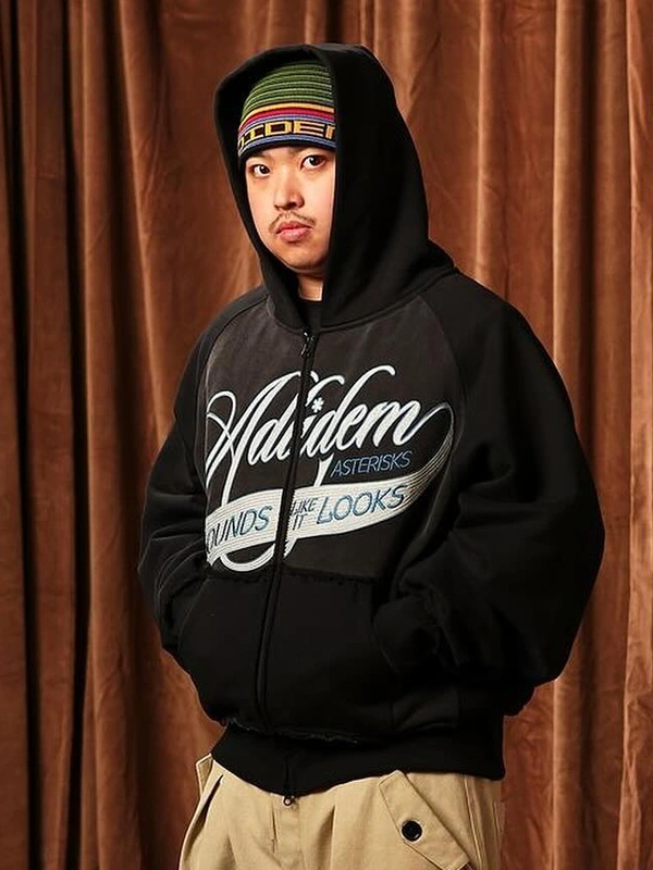 Cursive Chainstitch Ribbon Black Hoodie Adidem Asterisks