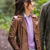 Kristin Kreuk Murder in a Small Town Brown Leather Coat