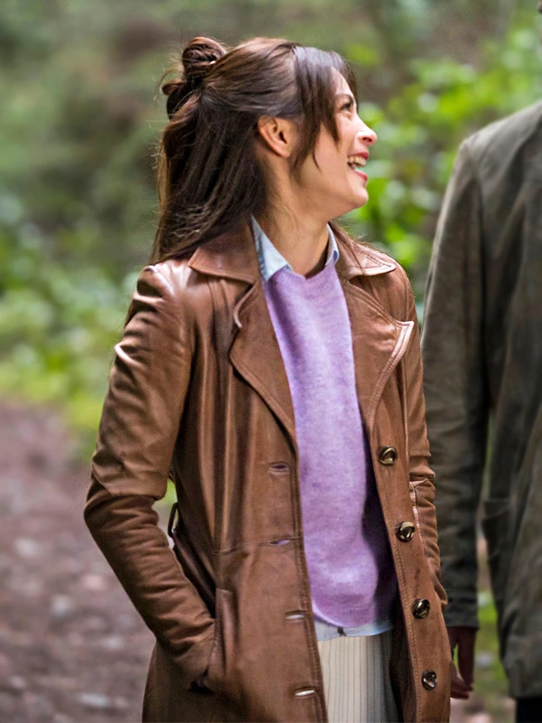 Kristin Kreuk Murder in a Small Town Brown Leather Coat