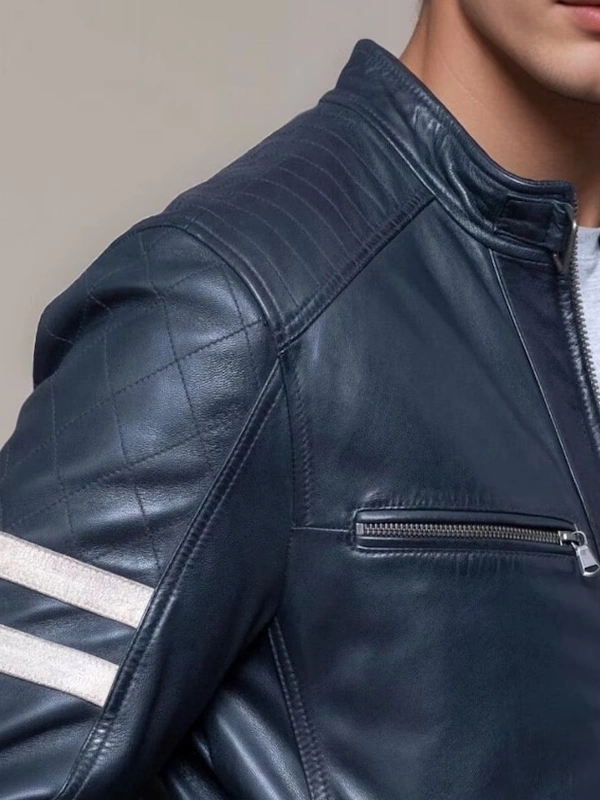 Men Blue Leather Biker Jacket