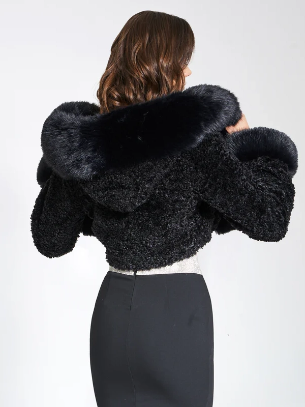 Miss Circle Kali Cropped Balck Faux Fur Jacket with Hood