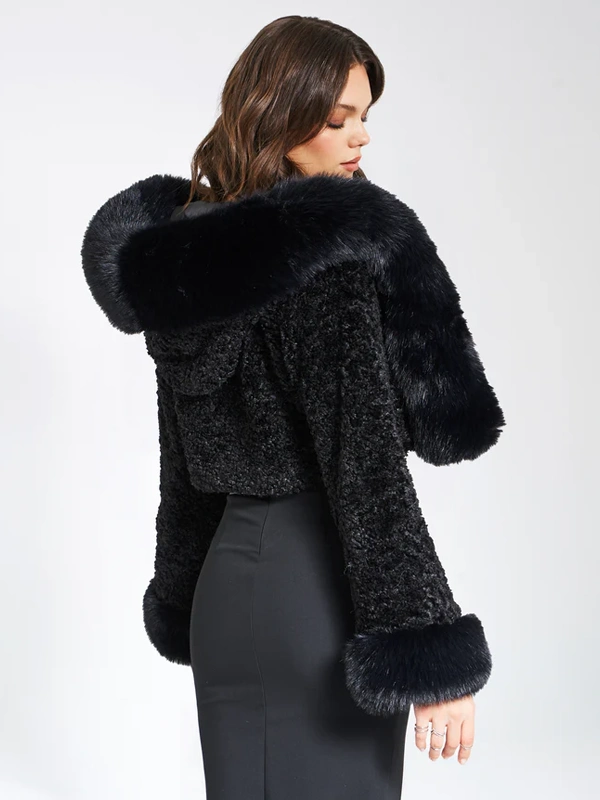 Miss Circle Kali Cropped Faux Fur Black Hooded Jacket