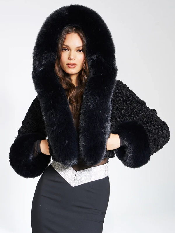 Miss Circle Kali Cropped Faux Fur Jacket Black