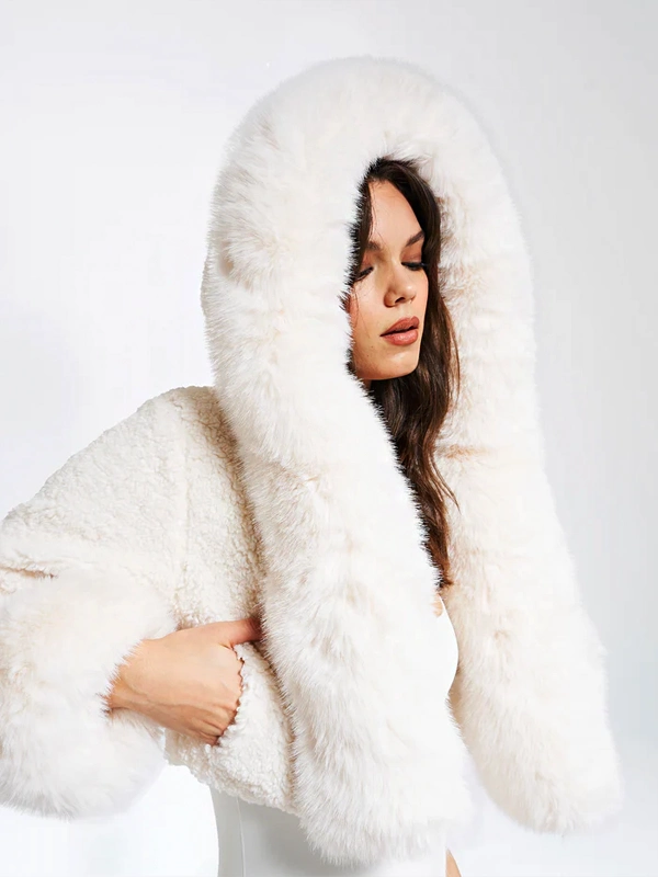 Miss Circle Kali Cropped Faux Fur White Hooded Jacket