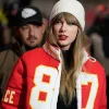 87 Taylor Swift Travis Kelce Red Puffer Jacket